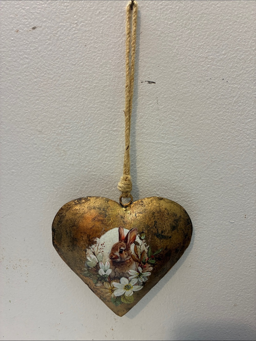 Rustic Gold Heart Wall Hanging with Bunny Floral Motif